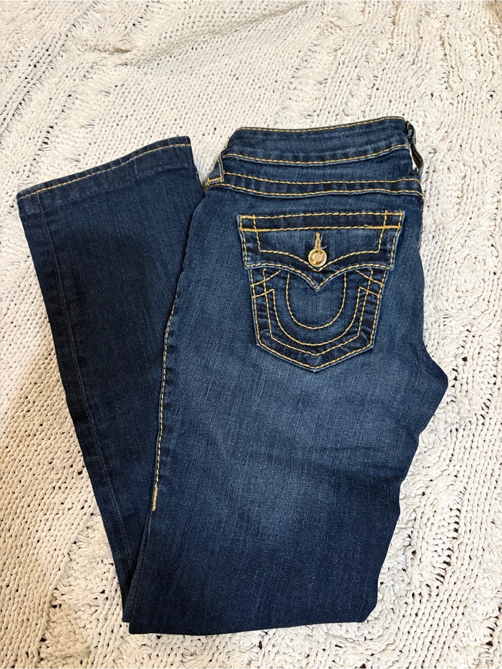 True Religion Women's Straight Leg Jeans in Dark Blue with Gold Stitching
